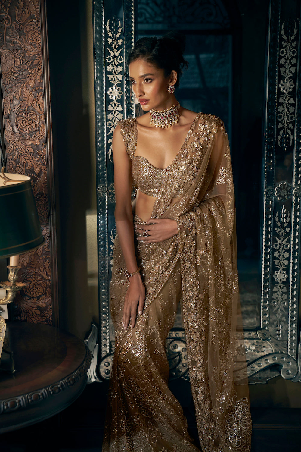Seema Gujral - Antique Gold Sequin Saree