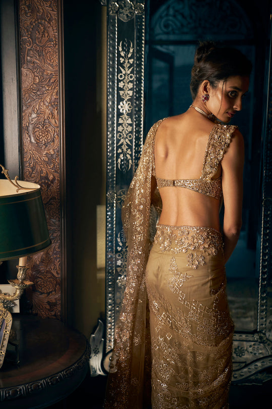 Seema Gujral - Antique Gold Sequin Saree