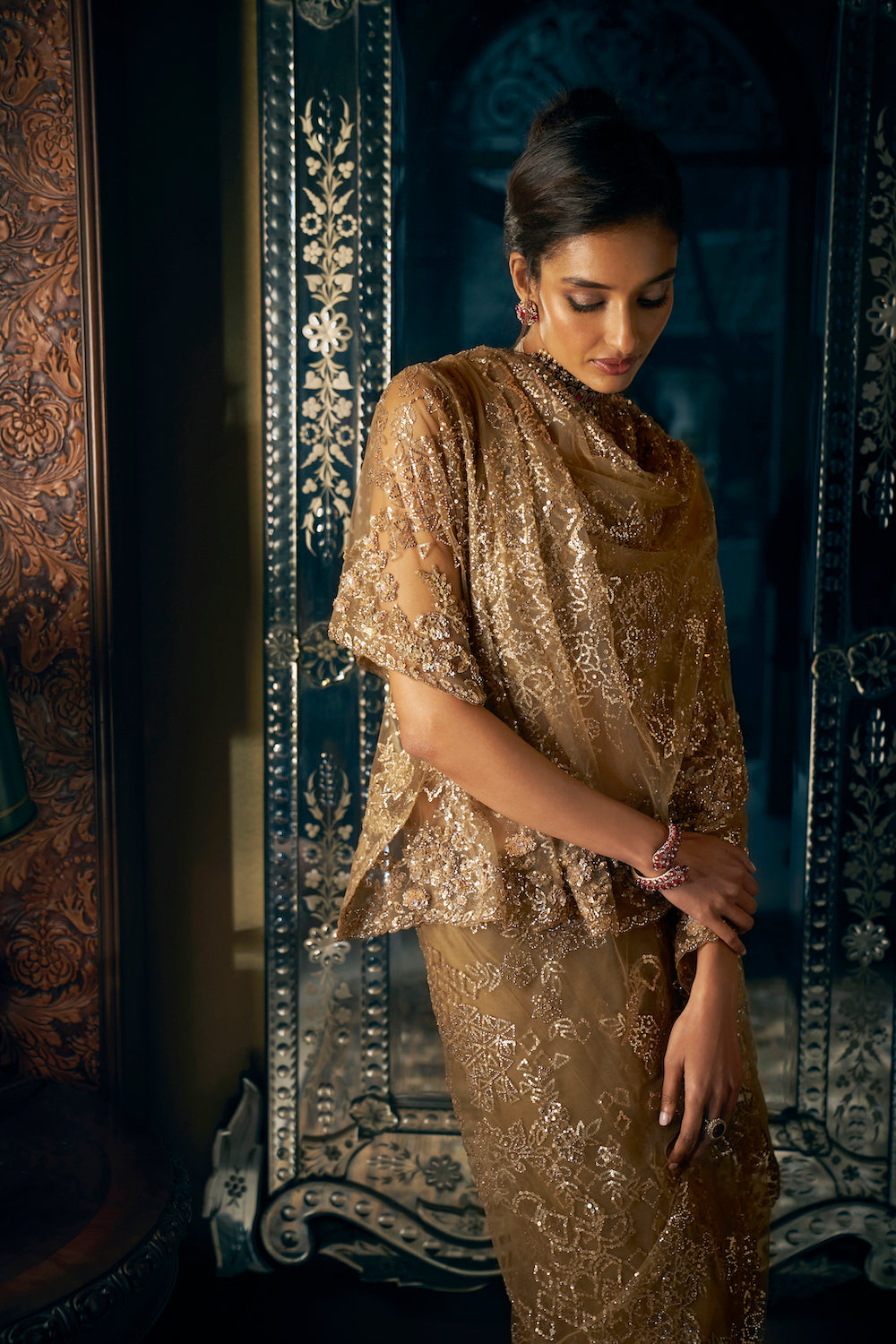 Seema Gujral - Antique Gold Sequin Saree