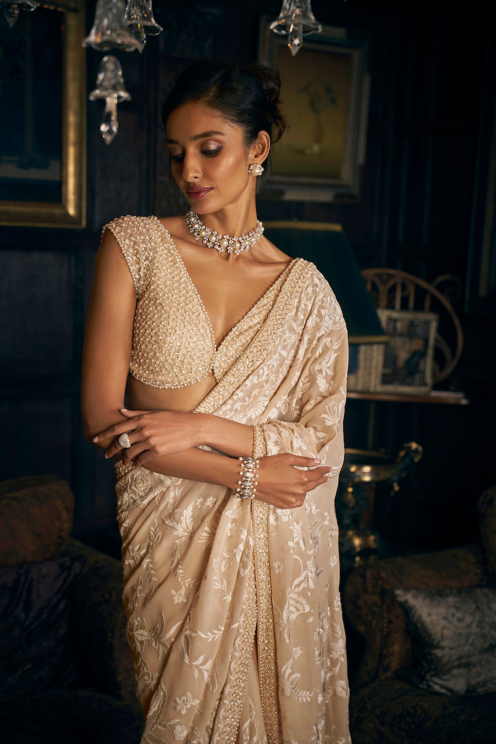 Seema Gujral - Nude Thread Work Saree