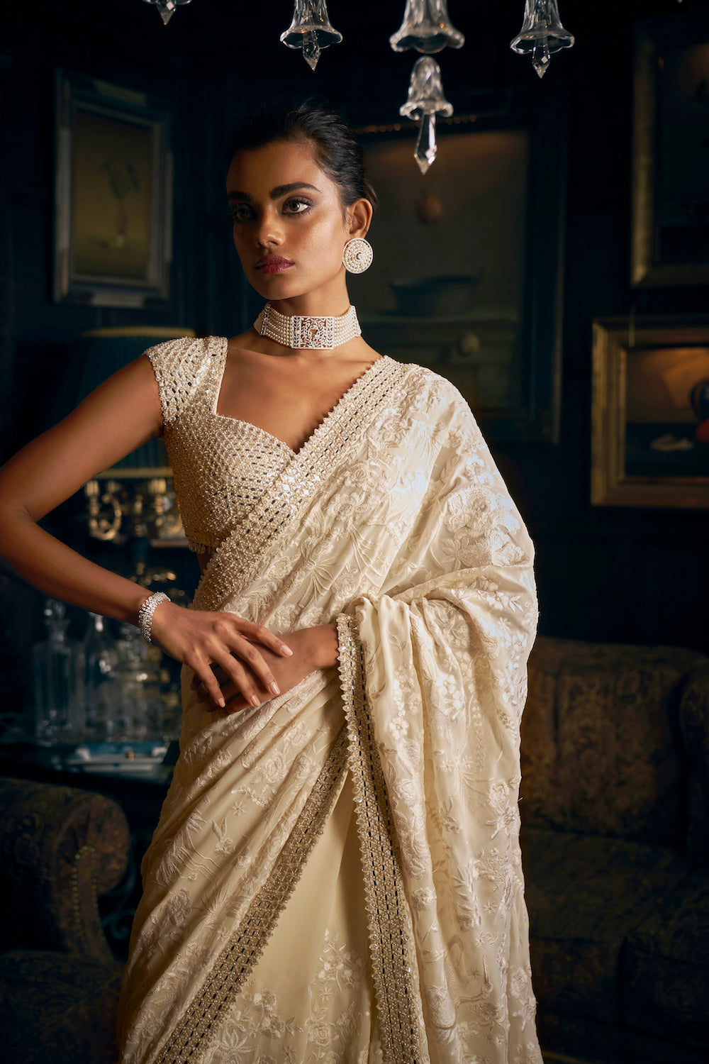 Seema Gujral - Ivory Thread Work Saree