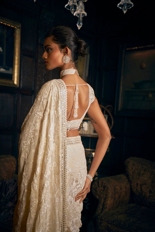 Seema Gujral - Ivory Thread Work Saree