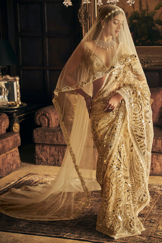 Seema Gujral - Cream Gold Mirror Work Saree