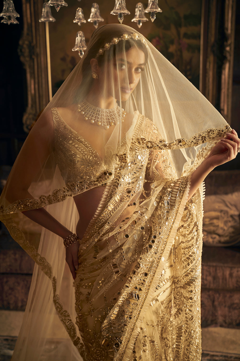 Seema Gujral - Cream Gold Mirror Work Saree