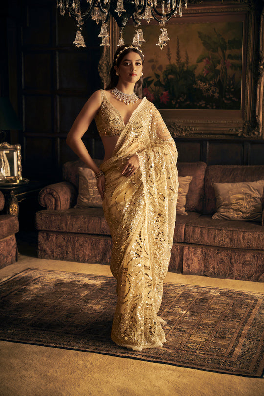 Seema Gujral - Cream Gold Mirror Work Saree