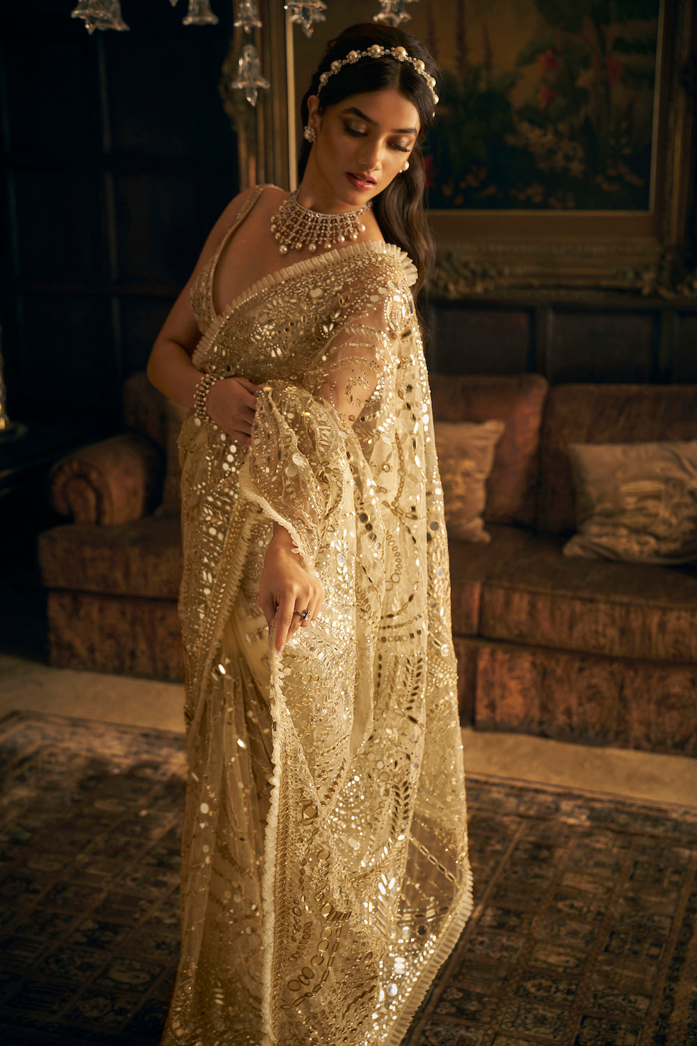 Seema Gujral - Cream Gold Mirror Work Saree