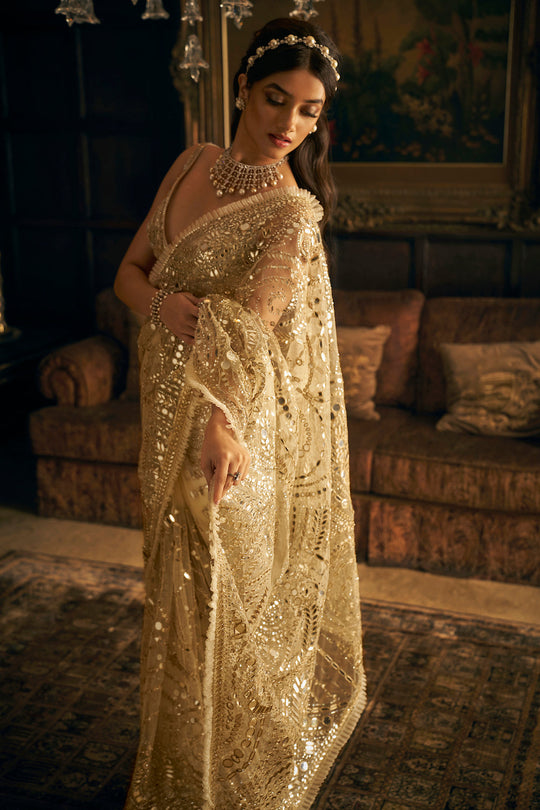 Seema Gujral - Cream Gold Mirror Work Saree