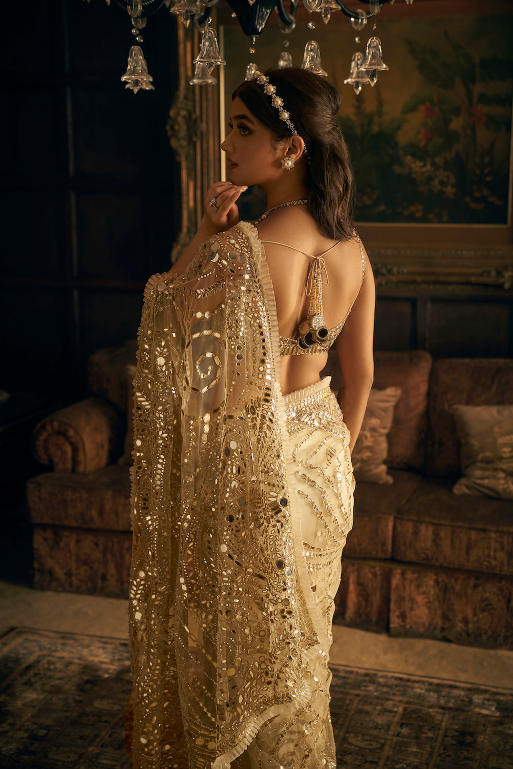 Seema Gujral - Cream Gold Mirror Work Saree