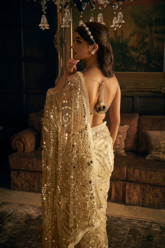 Seema Gujral - Cream Gold Mirror Work Saree