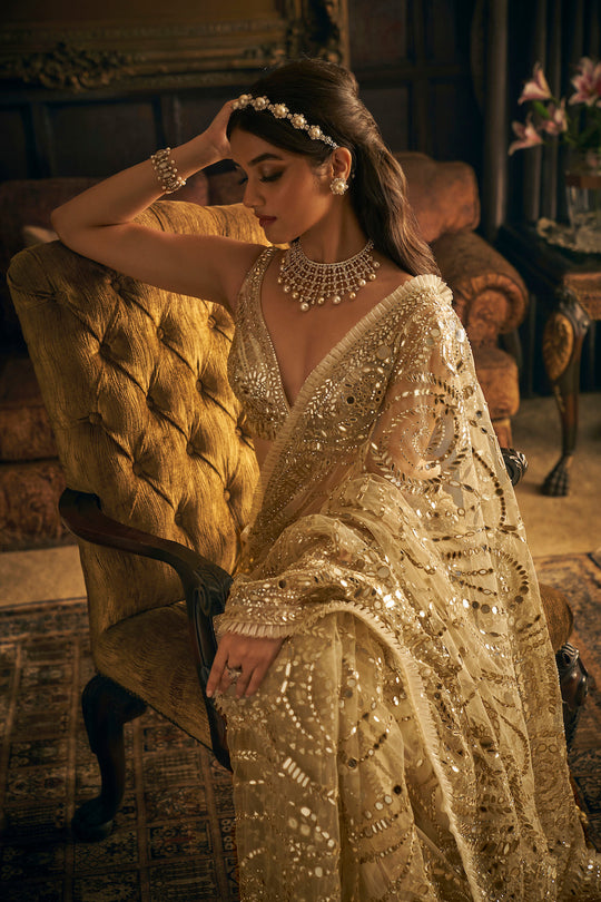 Seema Gujral - Cream Gold Mirror Work Saree