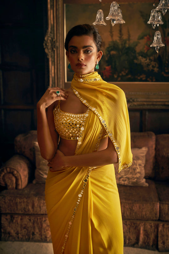 Seema Gujral - Yellow Mirror Work Draped Saree