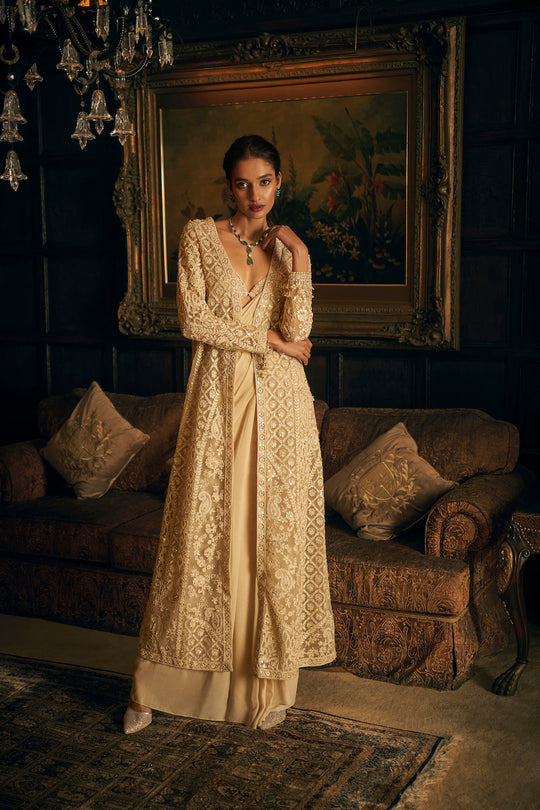 Seema Gujral - Nude Draped & Jacket Saree