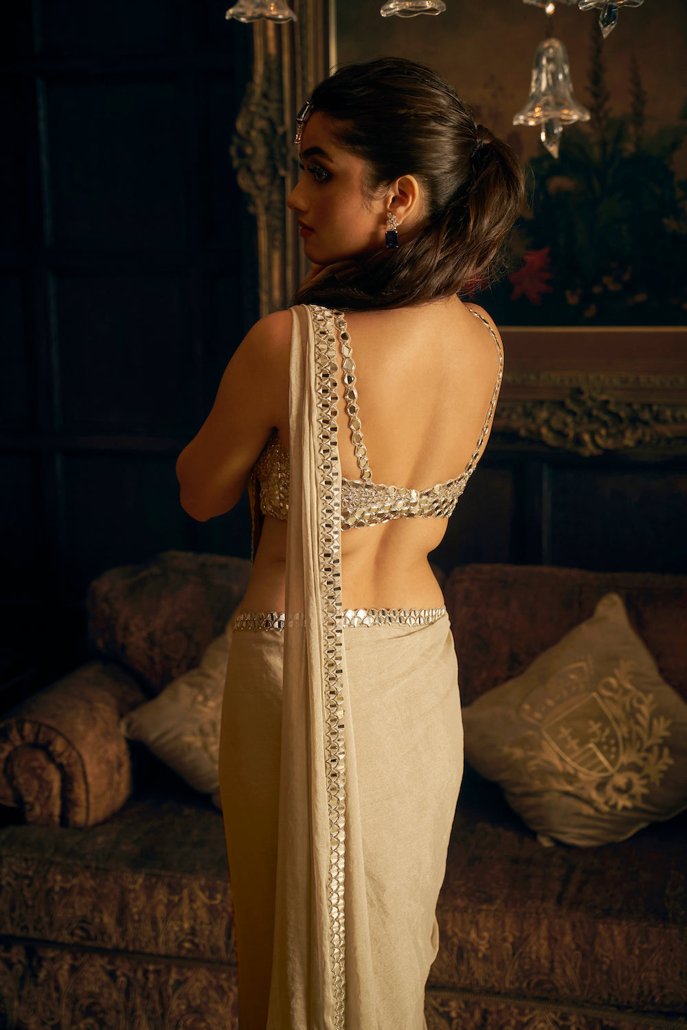 Seema Gujral - Silver Mirror Work Draped Saree