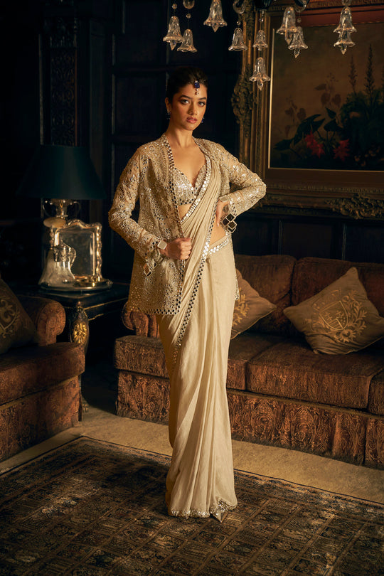 Seema Gujral - Silver Mirror Work Draped & Jacket Saree