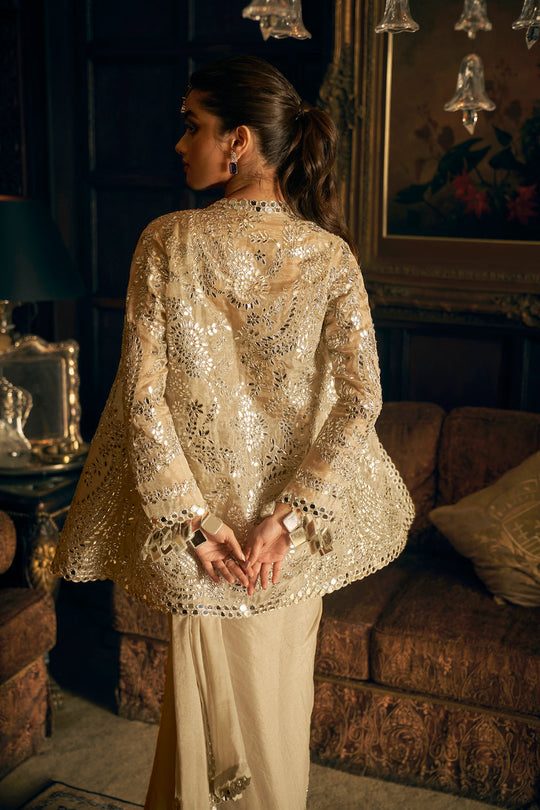 Seema Gujral - Silver Mirror Work Draped & Jacket Saree