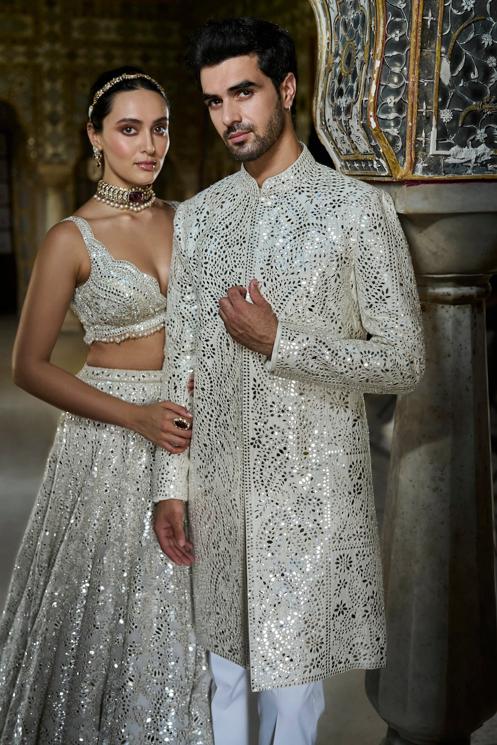 Seema Gujral - Ivory Mirror Work Lehenga Set