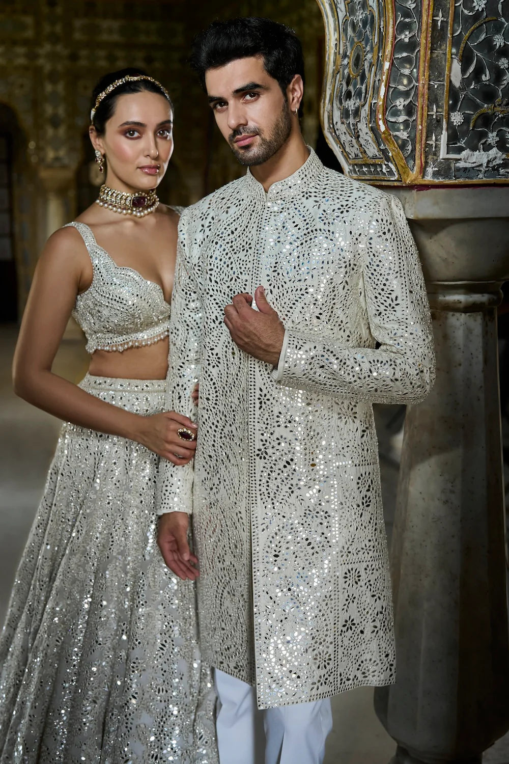 Seema Gujral - Ivory Mirror Work Sherwani Set