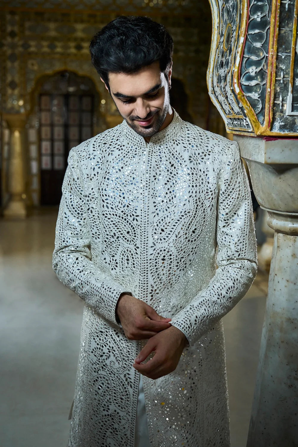 Seema Gujral - Ivory Mirror Work Sherwani Set