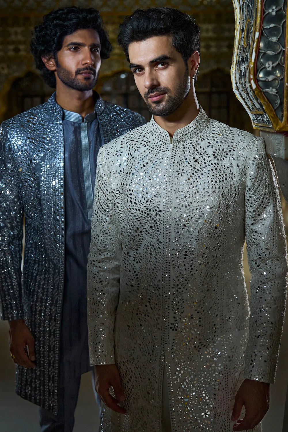 Seema Gujral - Steel Grey Mirror Work Open Jacket Set