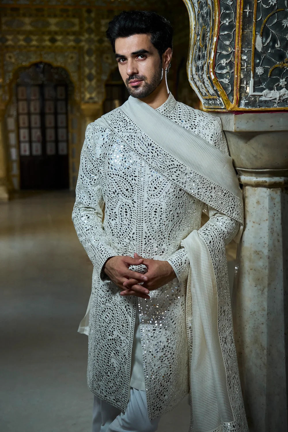 Seema Gujral - Ivory Mirror Work Sherwani Set
