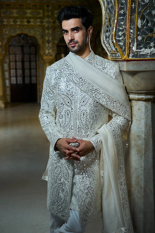 Seema Gujral - Ivory Mirror Work Sherwani Set