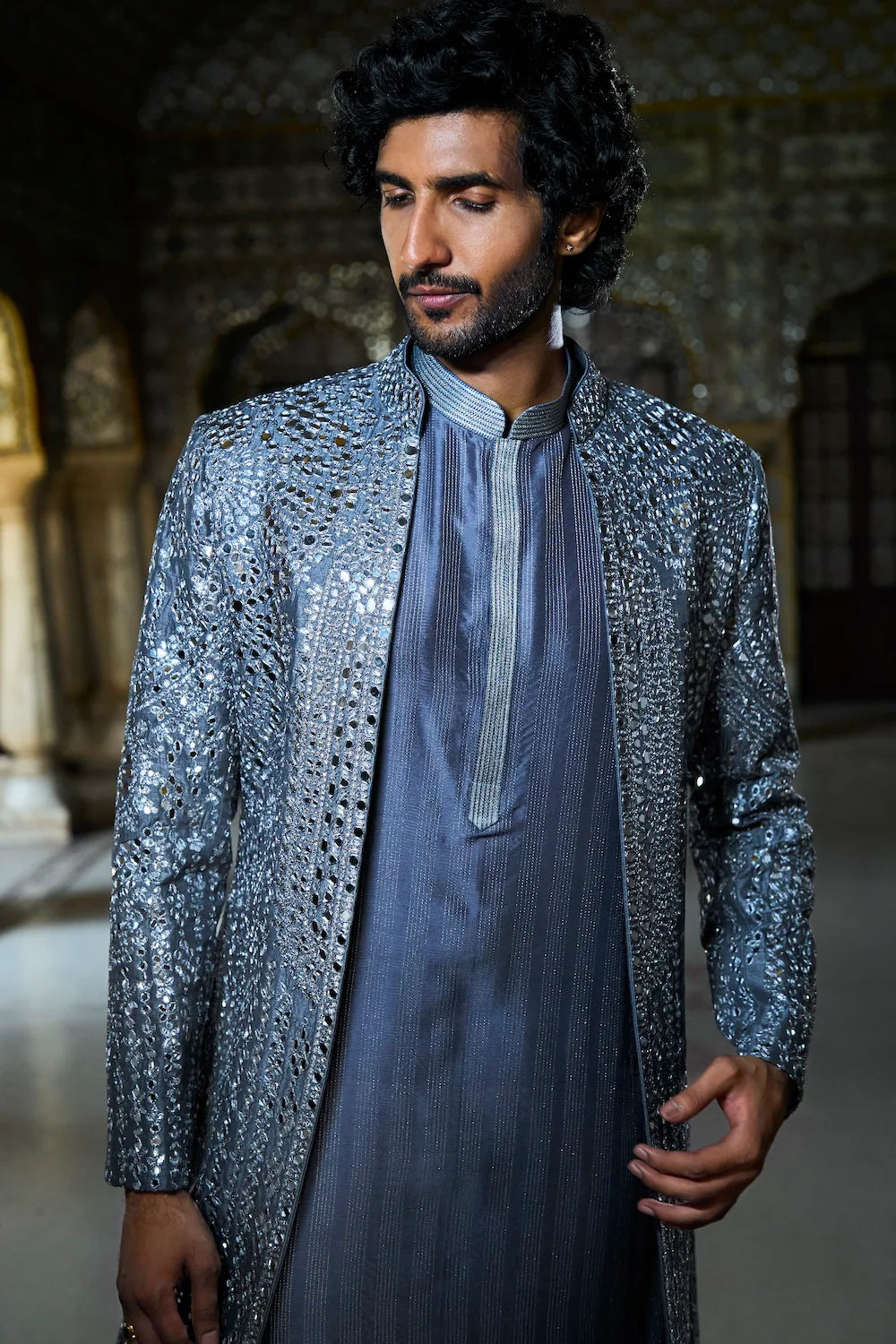 Seema Gujral - Steel Grey Mirror Work Open Jacket Set