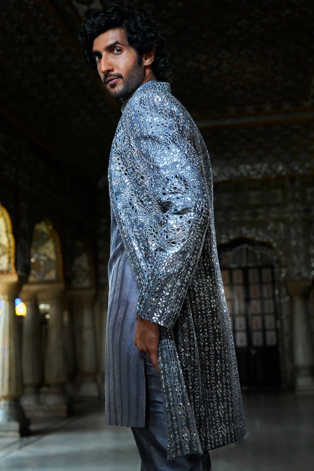 Seema Gujral - Steel Grey Mirror Work Open Jacket Set
