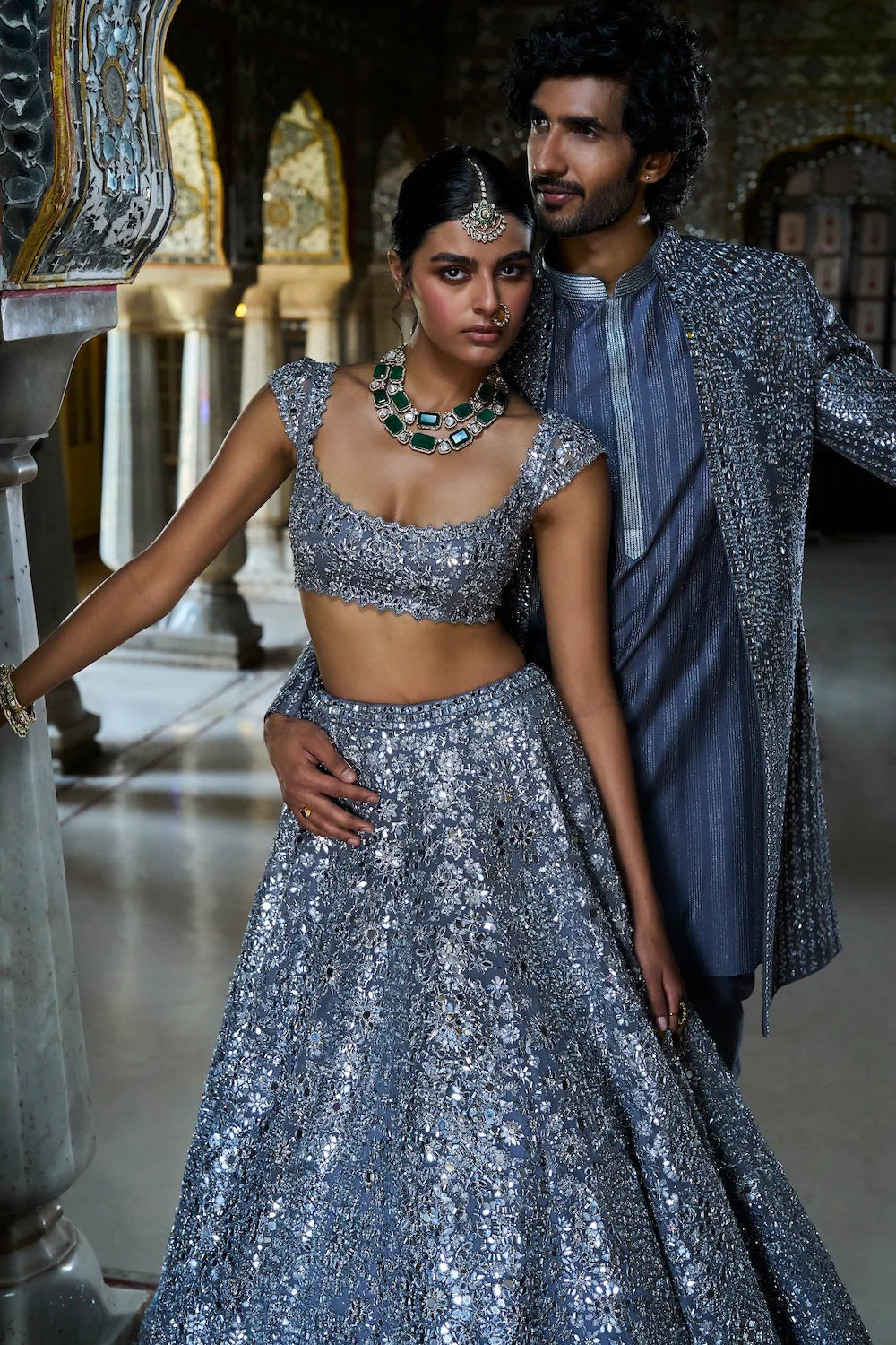 Seema Gujral - Steel Grey Mirror Work Open Jacket Set