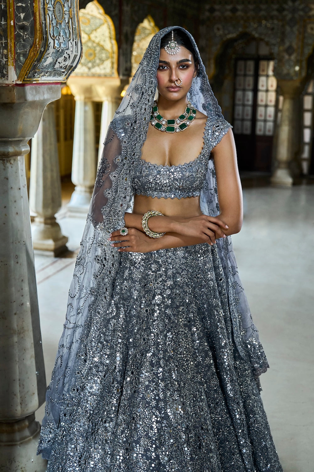 Seema Gujral - Steel Grey Mirror Work Lehenga Set