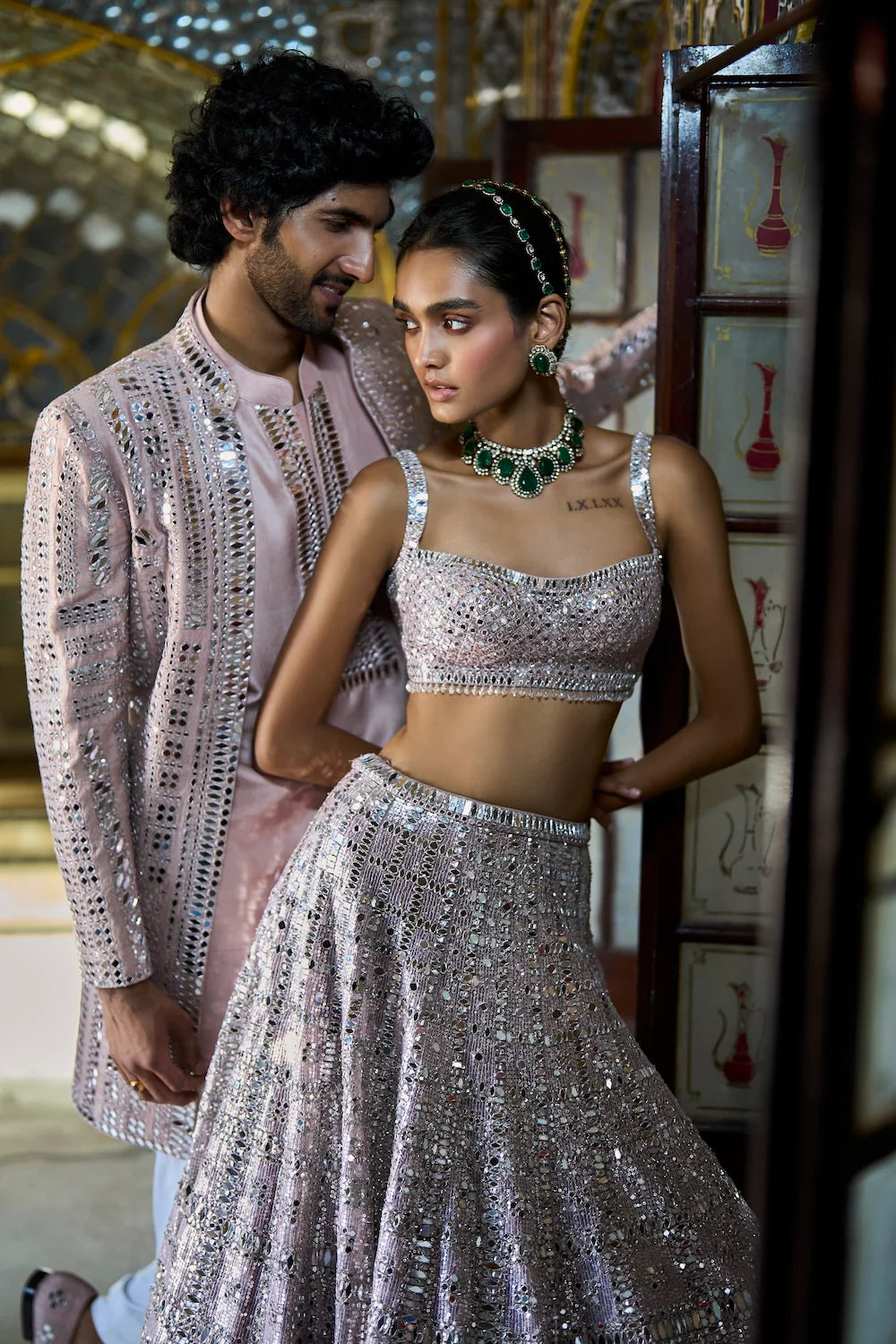 Seema Gujral - Rose Gold Mirror Work Open Jacket Set