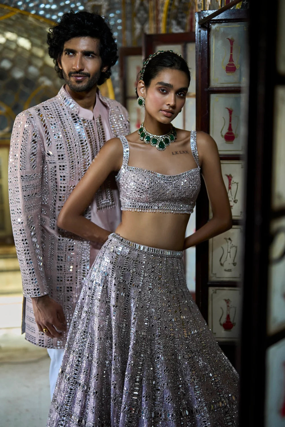 Seema Gujral - Rose Gold Mirror Work Open Jacket Set