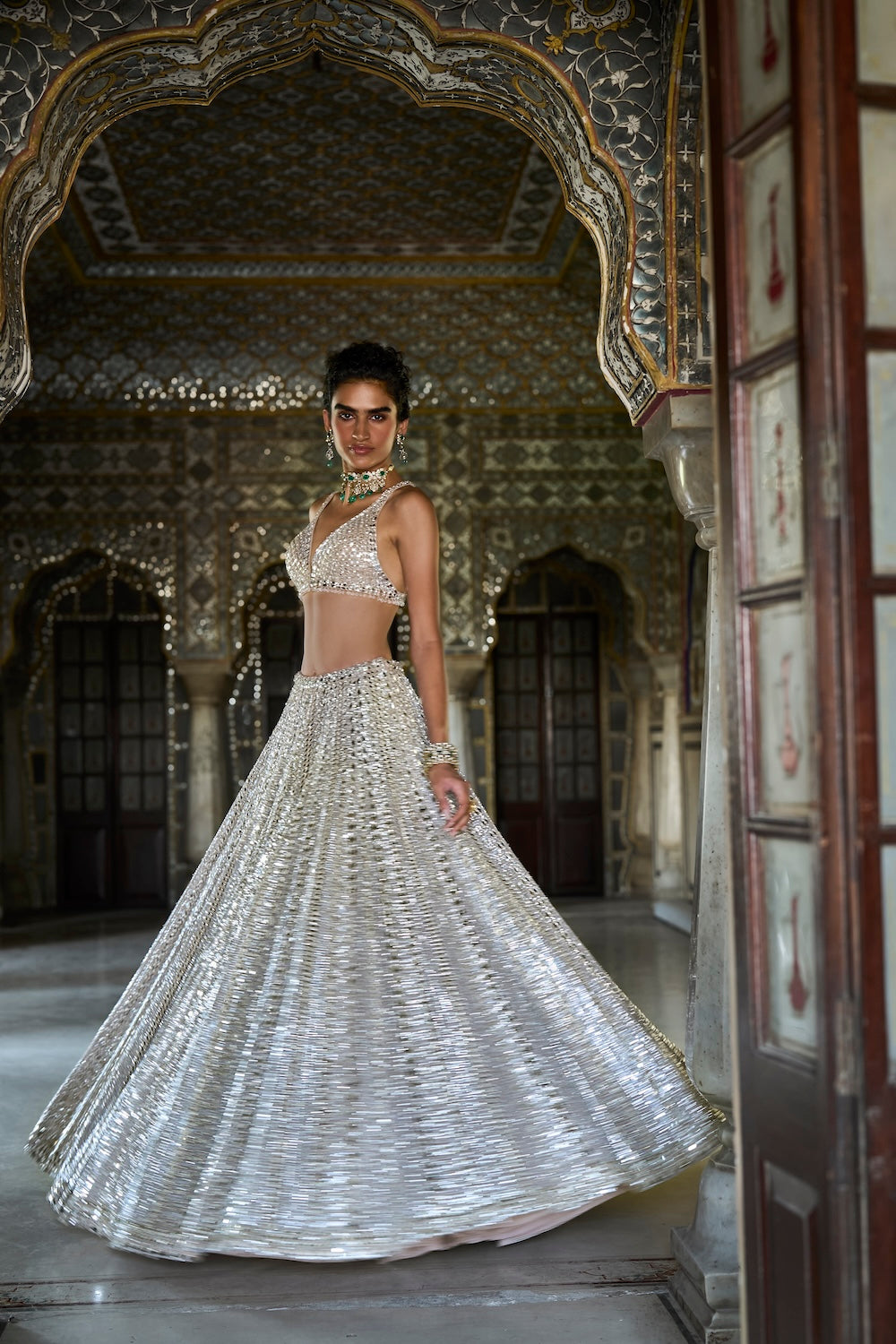 Seema Gujral - Champagne Mirror Work Lehenga Set