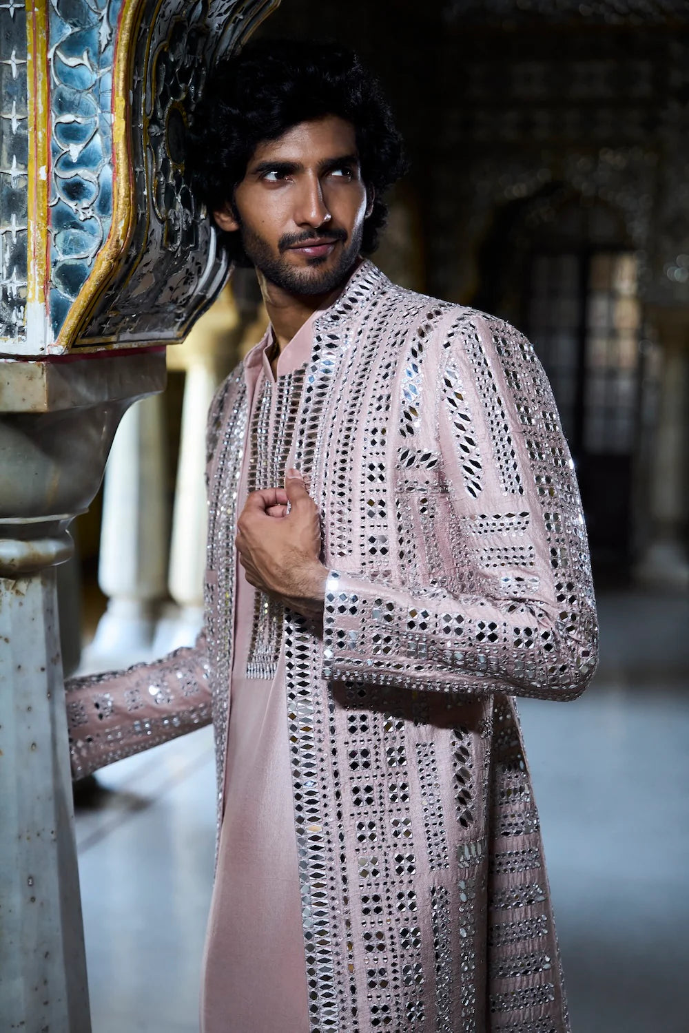 Seema Gujral - Rose Gold Mirror Work Open Jacket Set