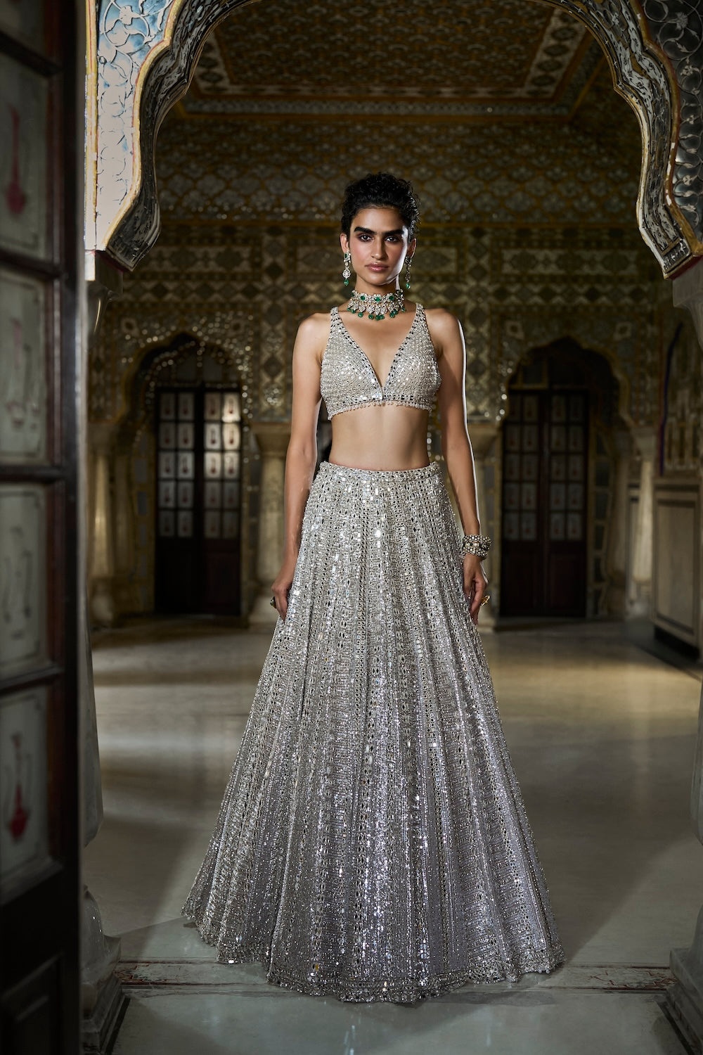 Seema Gujral - Champagne Mirror Work Lehenga Set