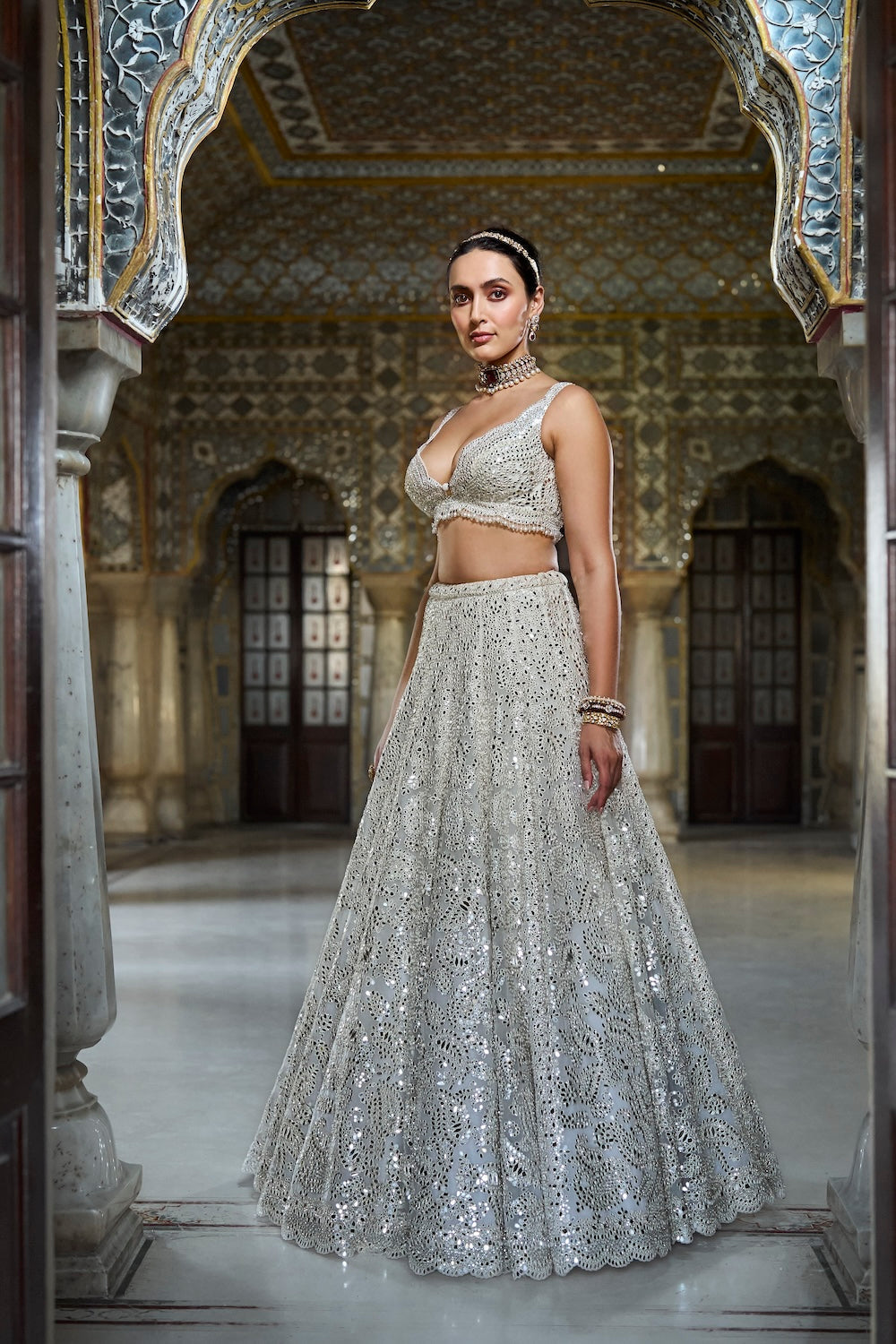 Seema Gujral - Ivory Mirror Work Lehenga Set