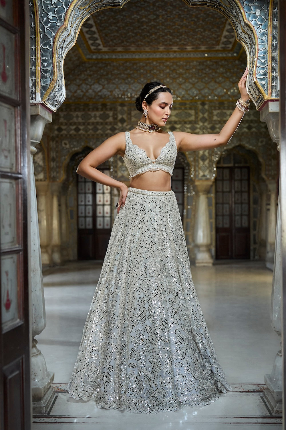 Seema Gujral - Ivory Mirror Work Lehenga Set