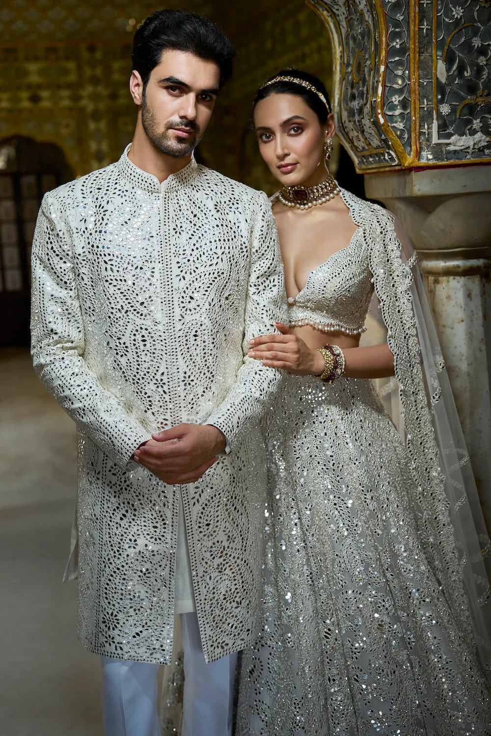 Seema Gujral - Ivory Mirror Work Sherwani Set