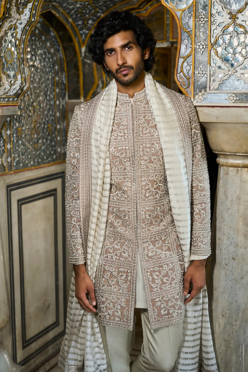 Seema Gujral - Silver Geometric Sherwani Set