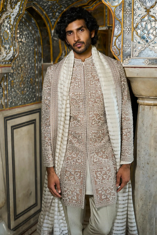 Seema Gujral - Silver Geometric Sherwani Set