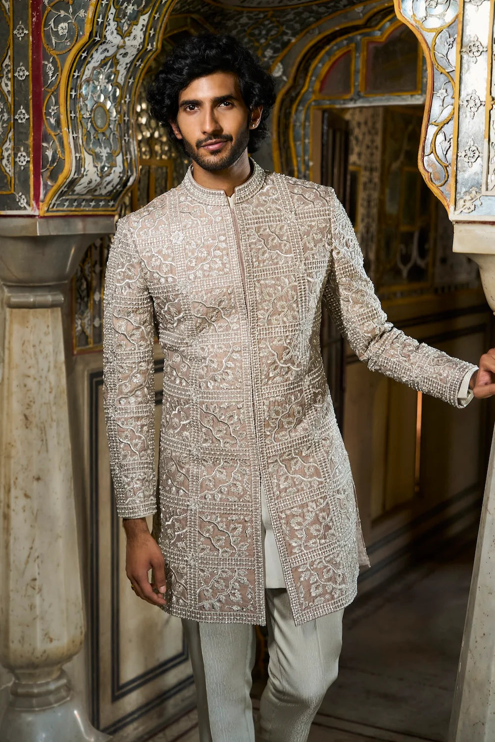 Seema Gujral - Silver Geometric Sherwani Set