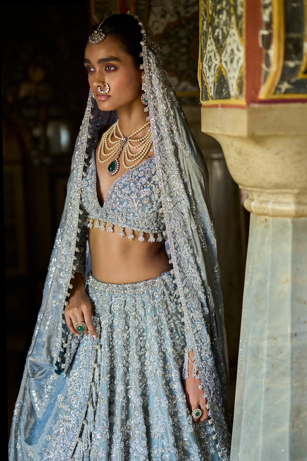 Seema Gujral - Ice Blue Tissue Lehenga Set