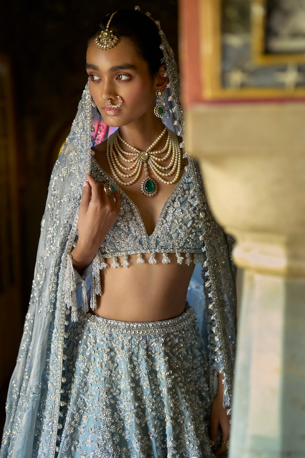 Seema Gujral - Ice Blue Tissue Lehenga Set