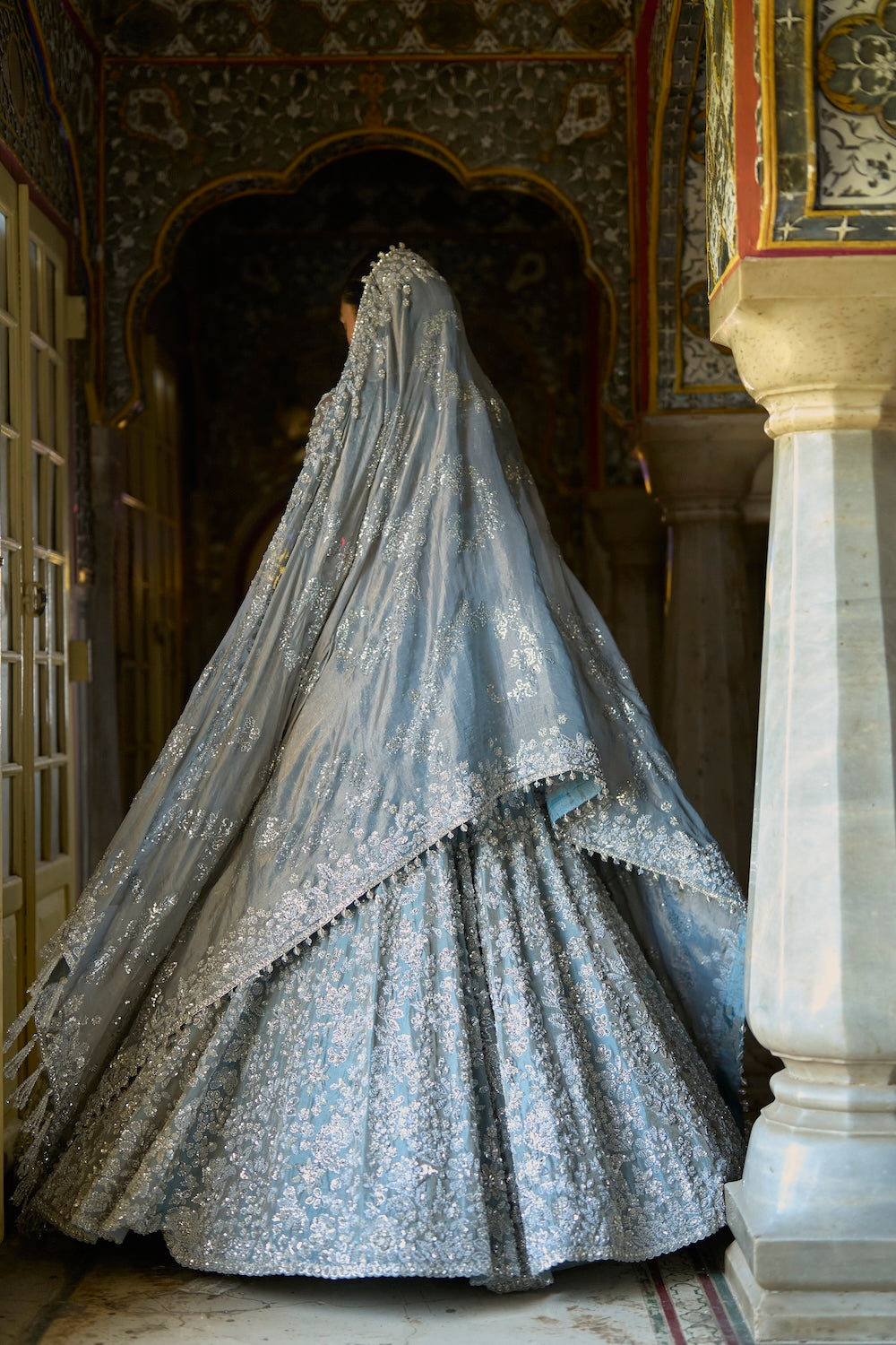 Seema Gujral - Ice Blue Tissue Lehenga Set