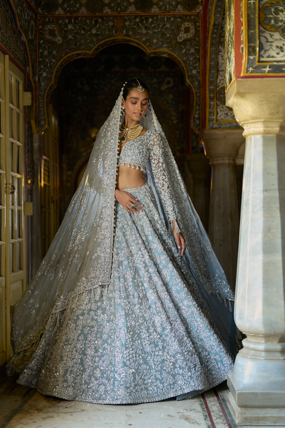 Seema Gujral - Ice Blue Tissue Lehenga Set