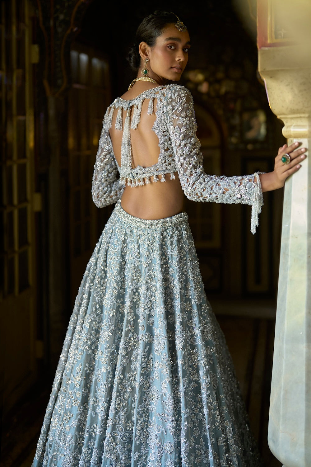 Seema Gujral - Ice Blue Tissue Lehenga Set