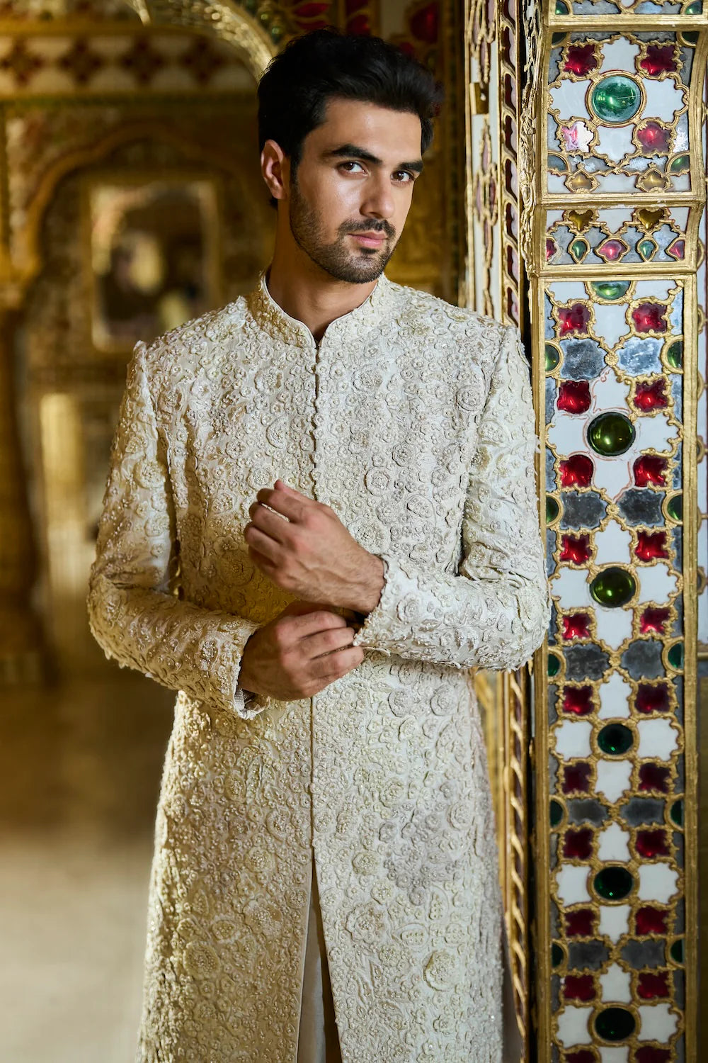 Seema Gujral - Vintage Ivory Three-Dimensional Sherwani Set