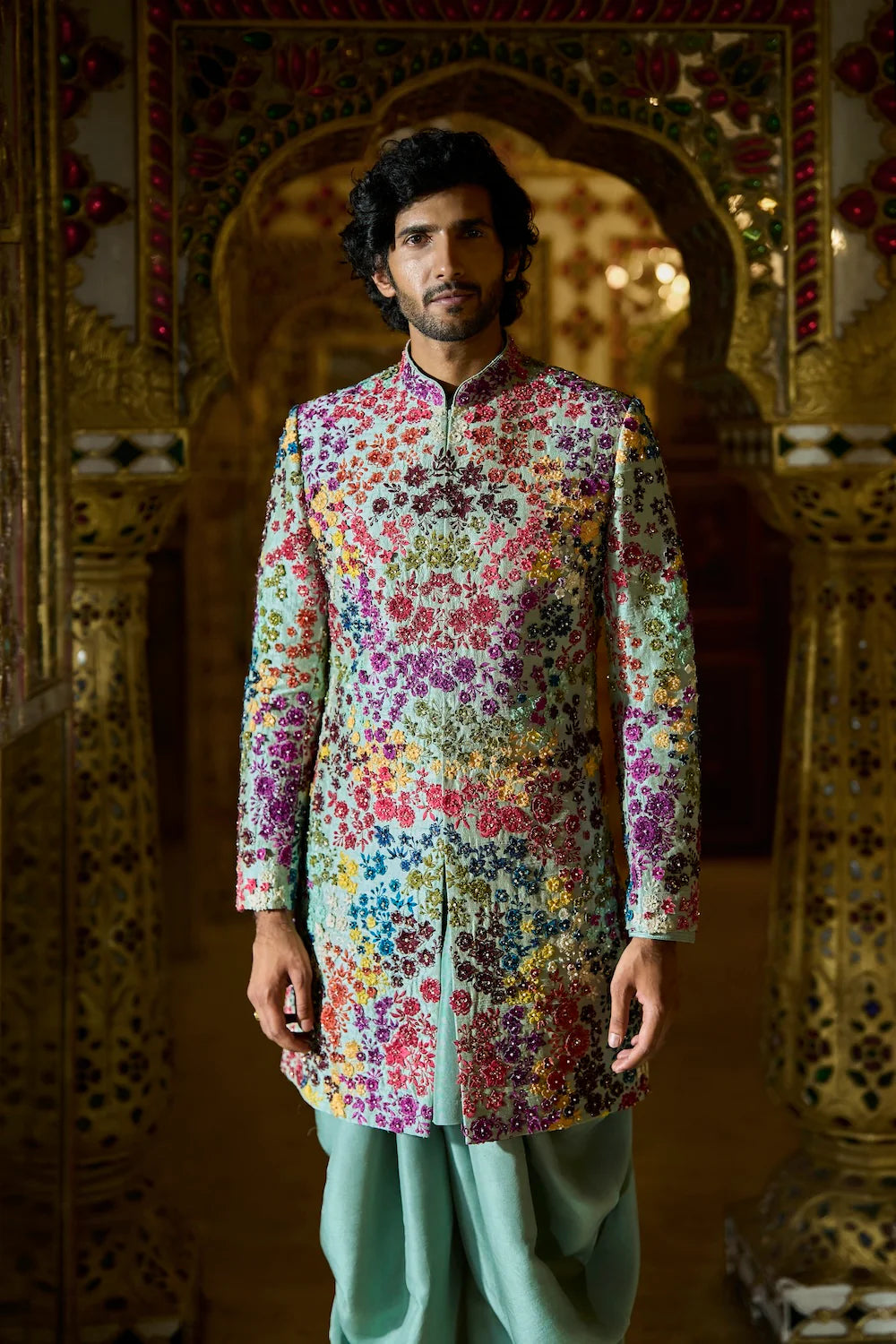 Seema Gujral - Sage Green Multi-Coloured Three-Dimensional Sherwani Set