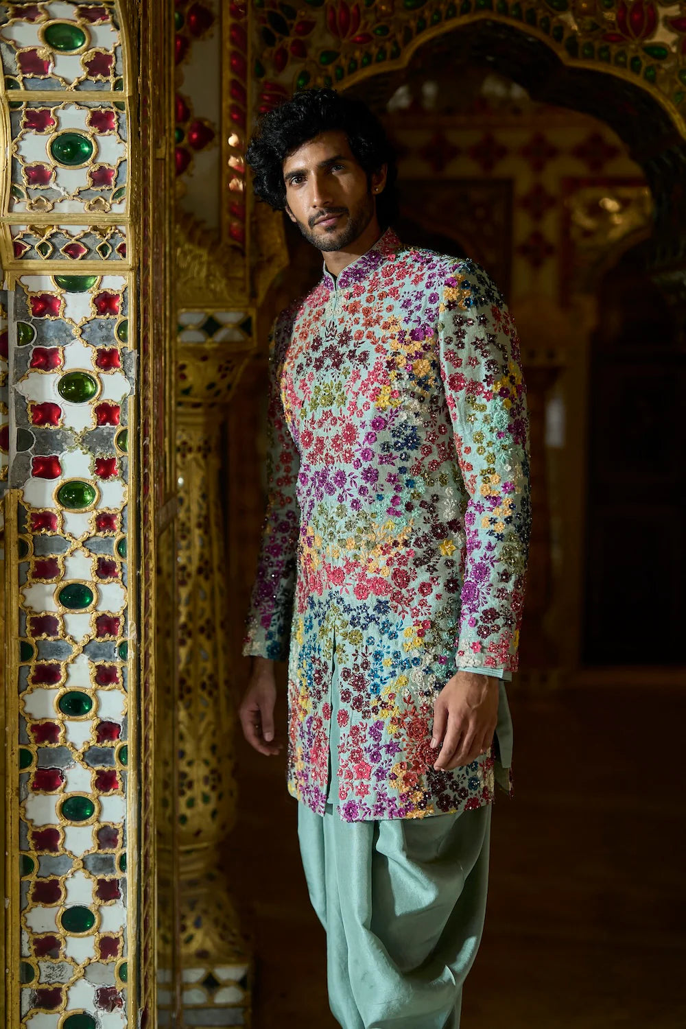 Seema Gujral - Sage Green Multi-Coloured Three-Dimensional Sherwani Set