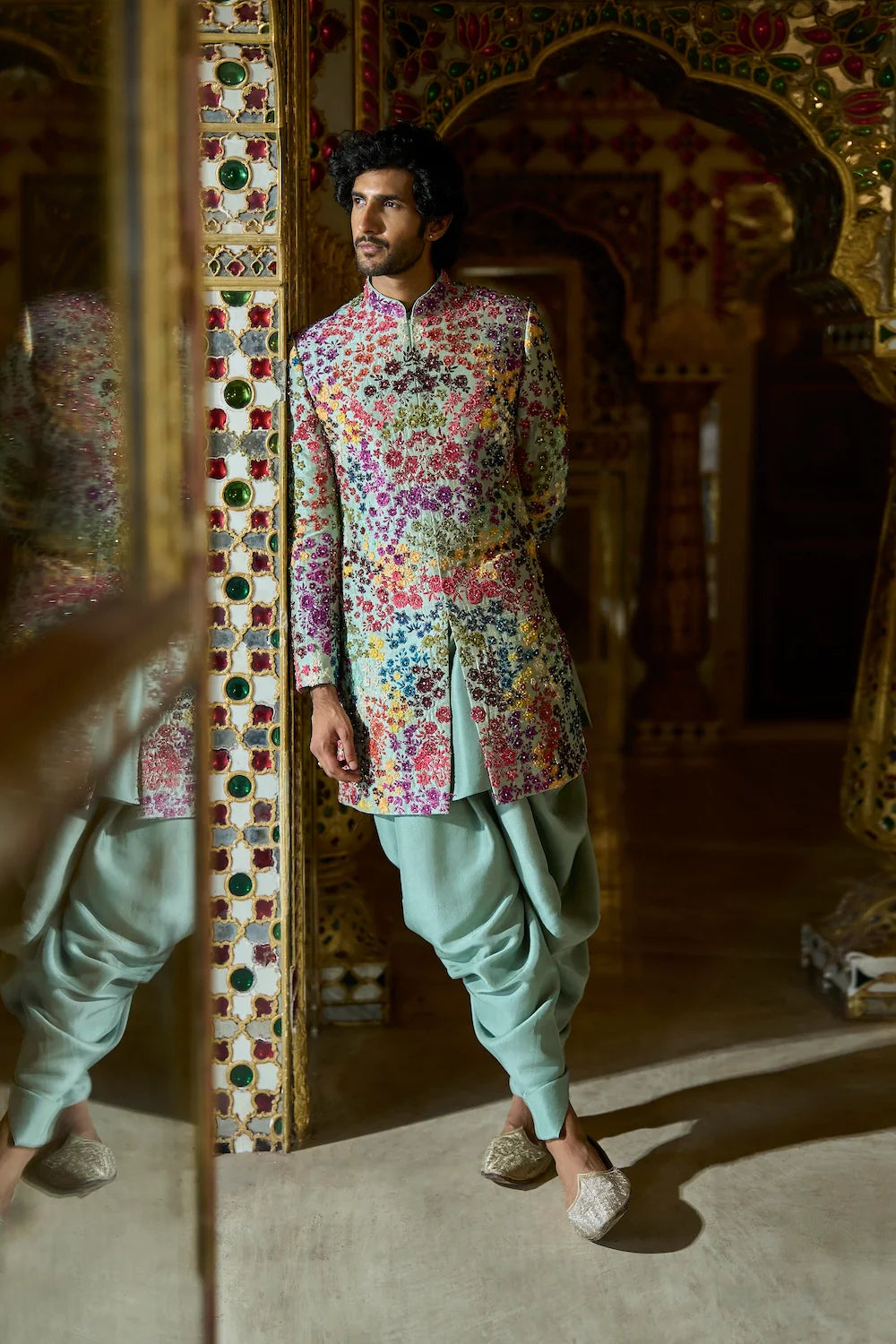 Seema Gujral - Sage Green Multi-Coloured Three-Dimensional Sherwani Set