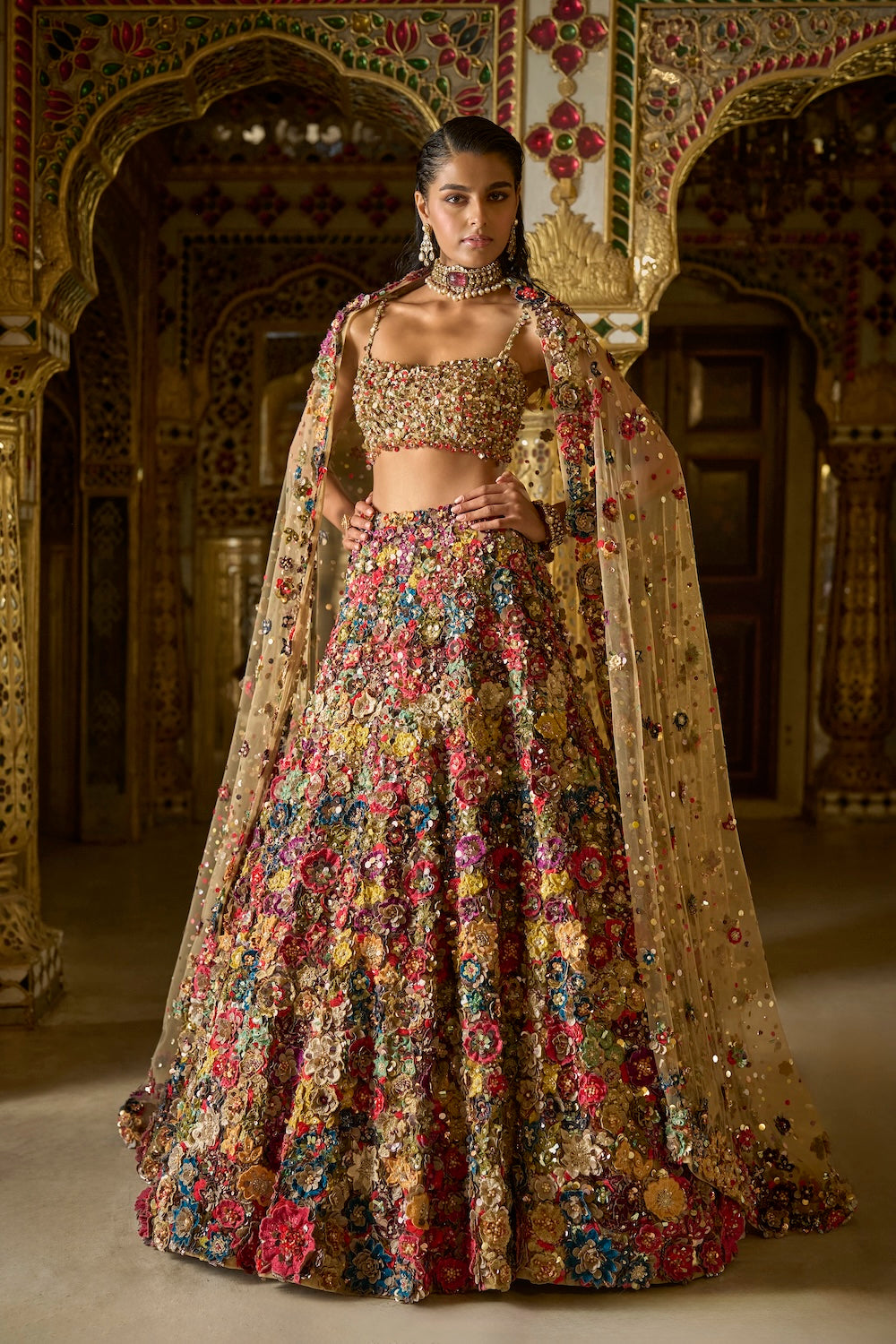Seema Gujral - Multi-Coloured Three-Dimensional Floral Lehenga Set